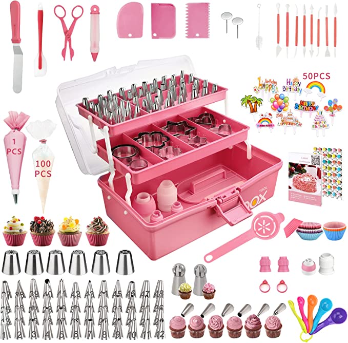 Uarter 358PCS Cake Decorating Kit Supplies With 62 Icing Piping Tips, 100 Muffin Paper Cups, 100 Disposable Piping Bags, 50 Cake Toppers and More Accessories