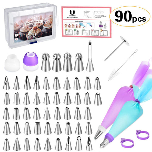 90 Pcs Cake Decorating Supplies Kit With 52 Stainless Steel Piping Tips, 2 Silicone Piping Bags, 30 Disposable Piping Bags - Cake Decorating Tools, Baking Supplies, Pie Decorating Tools