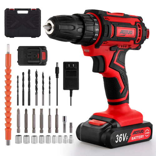 Uater 36V MAX Lithium lon Cordless Drill Set, Power Drill Kit with Battery and Charger, 3/8-inch Keyless Chuck, Variable Speed, 25 Position and 24pcs Drill Bits
