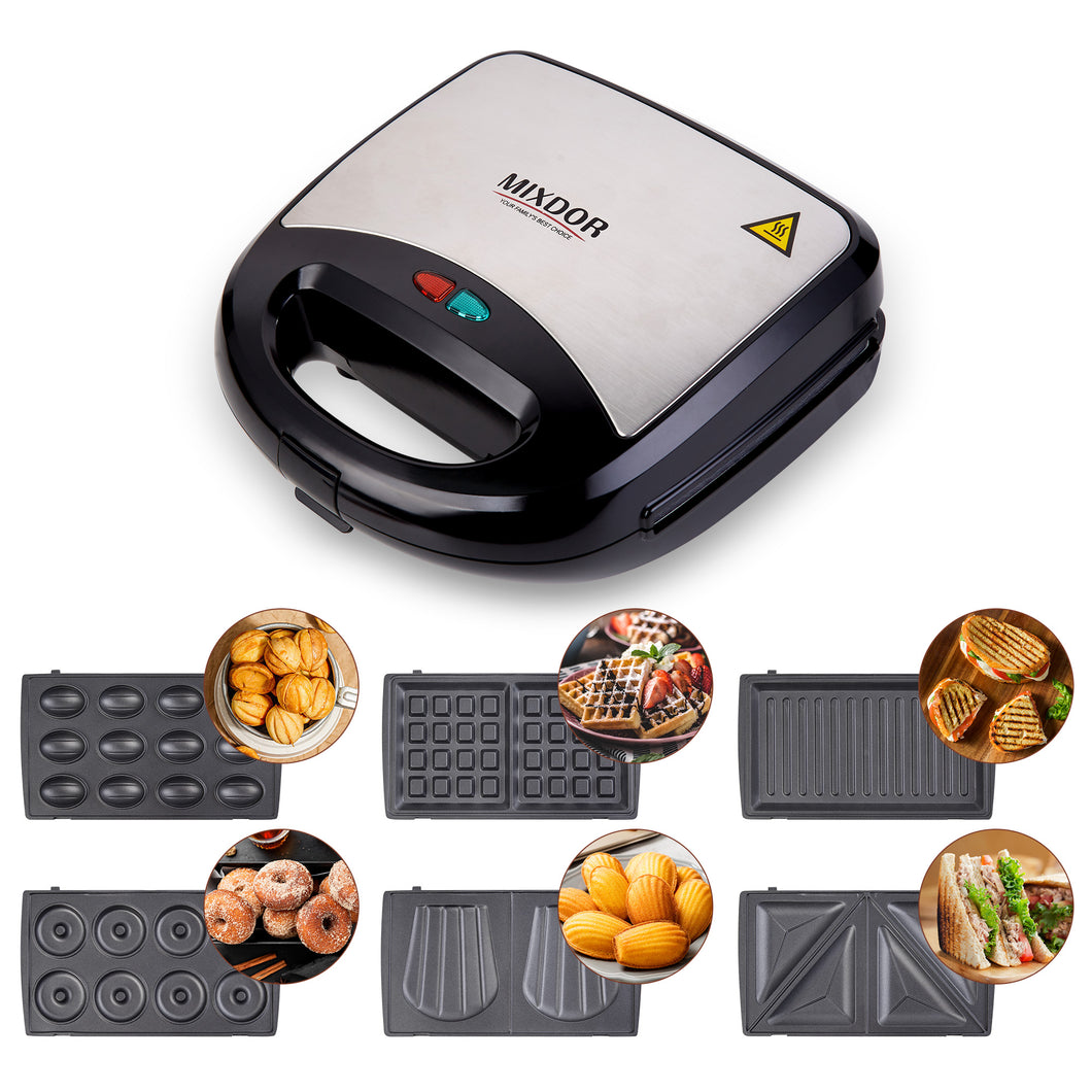 Uarter Electric Sandwich Maker 6-in-1 Waffles Maker with Removable Non-Stick Plates, Perfect for Crafting Sandwiches, Paninis, Nuts, Waffles, and Madeleines, Ideal for Cooking Grilled Cheese, Burgers