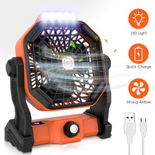 Load image into Gallery viewer, Uarter Camping Fans for Tent 10 inch Stepless USB Rechargeable Fan 5000mAh Battery with Outdoor LED Light, 270° Rotation, for Office,Bedroom,Outdoor