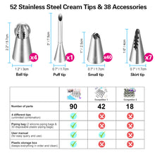 Load image into Gallery viewer, 90 Pcs Cake Decorating Supplies Kit With 52 Stainless Steel Piping Tips, 2 Silicone Piping Bags, 30 Disposable Piping Bags - Cake Decorating Tools, Baking Supplies, Pie Decorating Tools