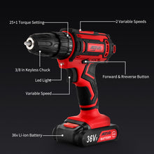 Load image into Gallery viewer, Uater 36V MAX Lithium lon Cordless Drill Set, Power Drill Kit with Battery and Charger, 3/8-inch Keyless Chuck, Variable Speed, 25 Position and 24pcs Drill Bits