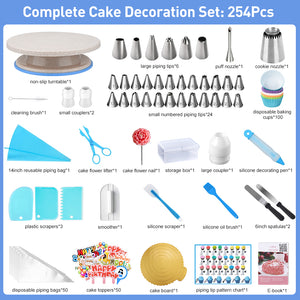 Uarter 254 Pcs Cake Decorating Supplies Cake Decorating Kit Cake Baking Set with Turntable, Stainless Steel Piping Tips, Scraper, Spatula, Baking Supplies,Decorating Tools, Baking Tools