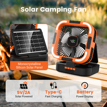 Load image into Gallery viewer, Uarter Solar Fan, 10000mAh Rechargeable Camping Fans with Light, 6 Speeds Wind, 6H Timer Auto Oscillating Portable Fan, for Picnic, Tent, Orange
