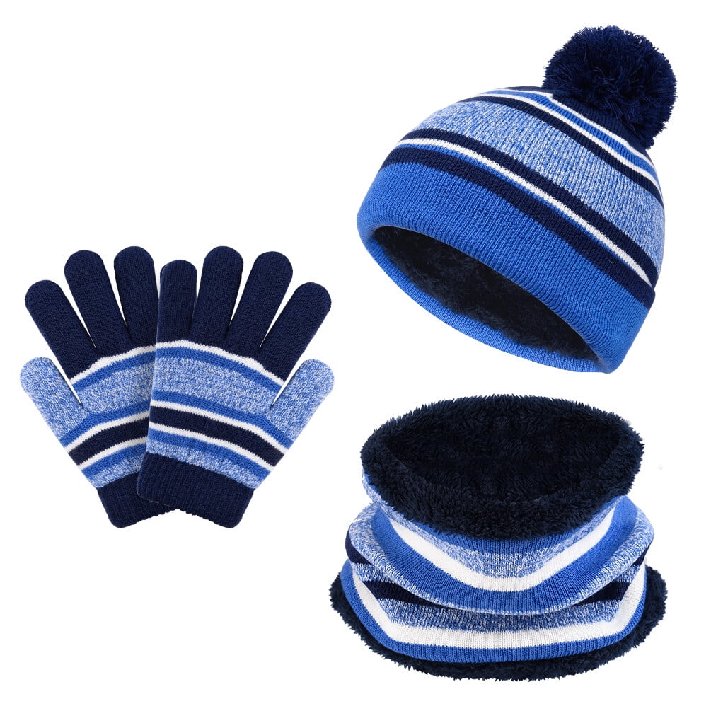 Vbiger 3 Pcs Kids Winter Hat Winter Scarf Winter Gloves Set with Fleece Lining for 3-6 Years Old Grils and Boys, Blue