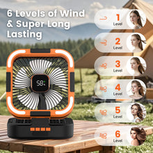 Load image into Gallery viewer, Uarter Solar Fan, 10000mAh Rechargeable Camping Fans with Light, 6 Speeds Wind, 6H Timer Auto Oscillating Portable Fan, for Picnic, Tent, Orange