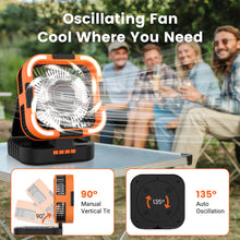 Load image into Gallery viewer, Uarter Solar Fan, 10000mAh Rechargeable Camping Fans with Light, 6 Speeds Wind, 6H Timer Auto Oscillating Portable Fan, for Picnic, Tent, Orange
