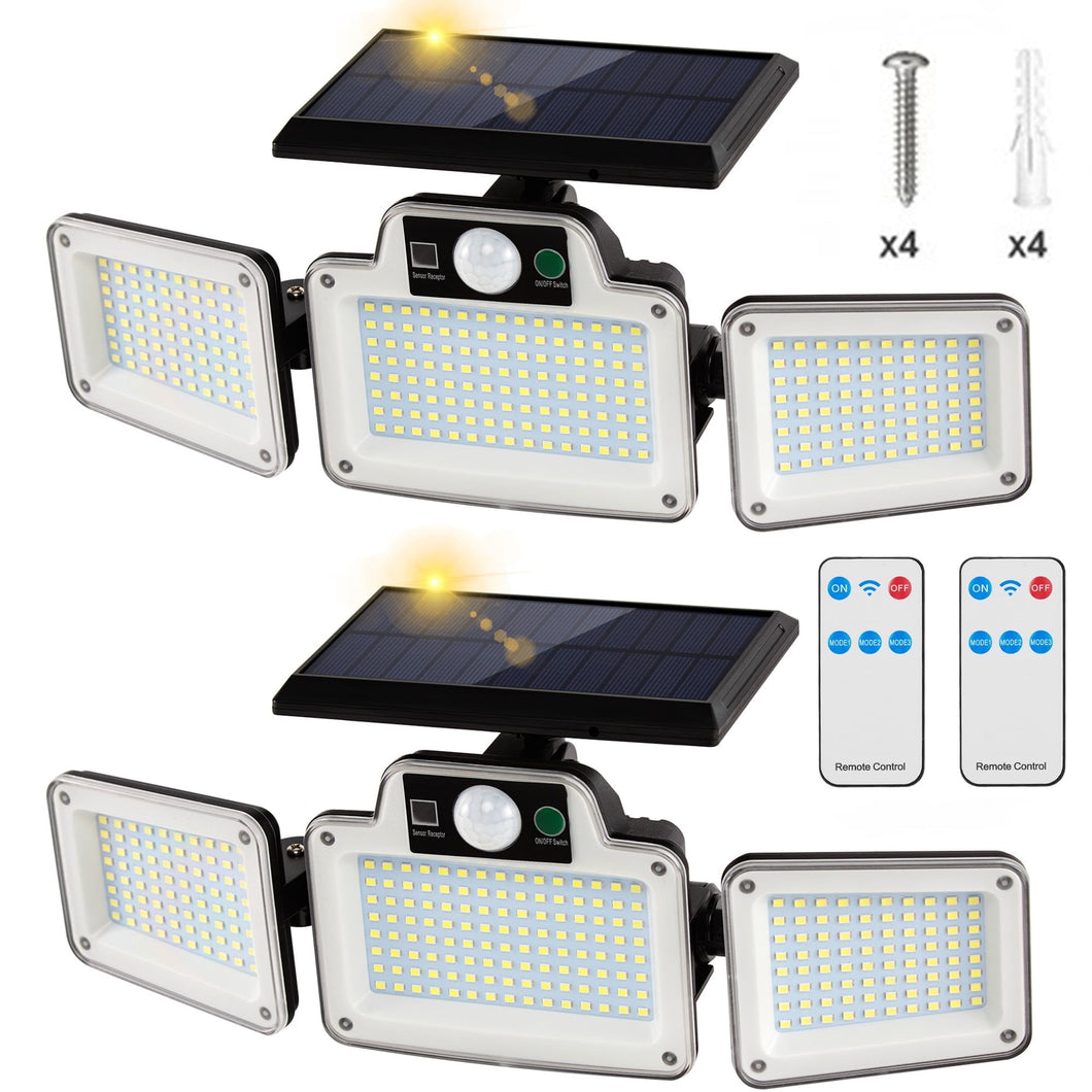 Uarter Outdoor Solar Flood Lights 3000LM Waterproof Motion Sensor Light 3 Head 228 LED Lights 2 PCS