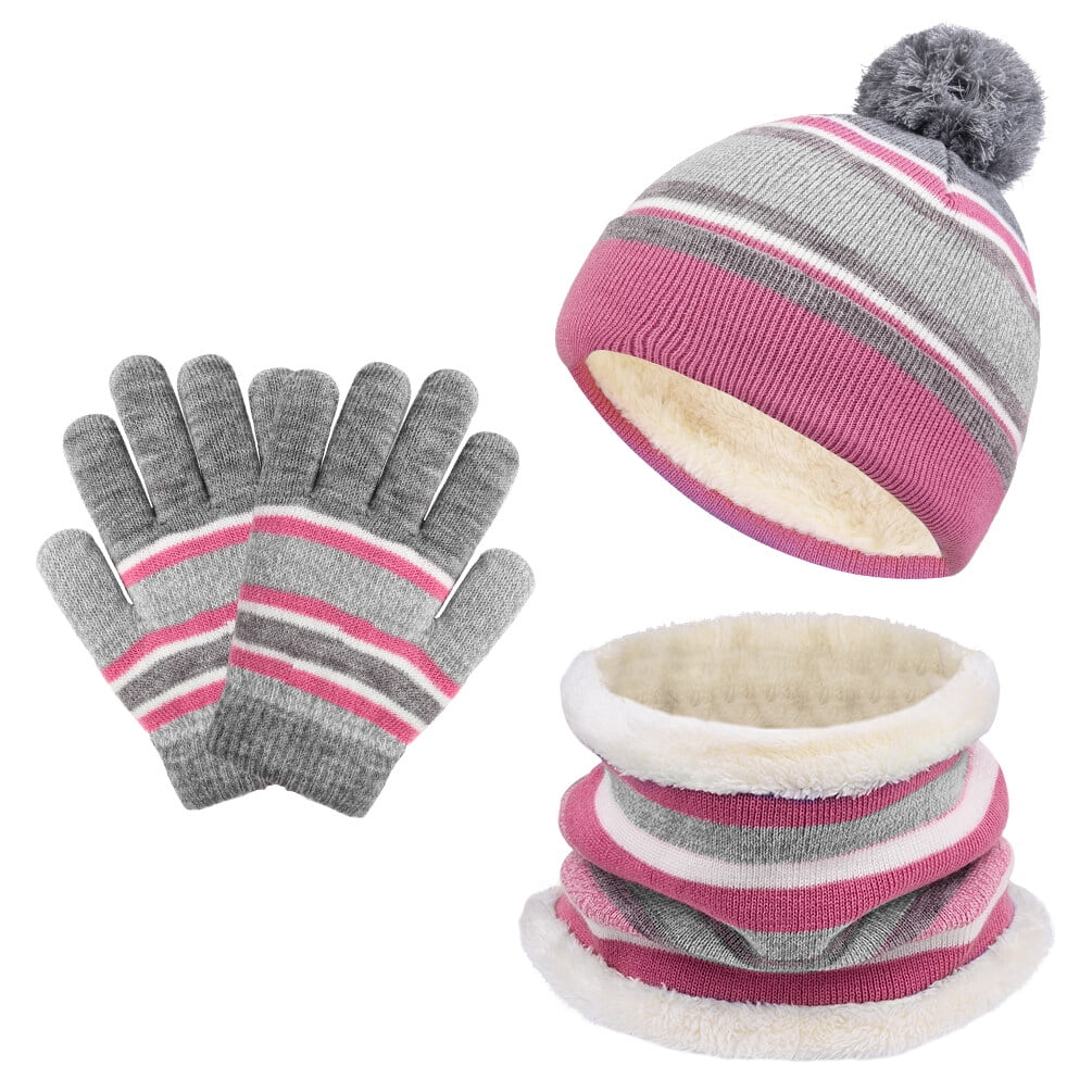 3 Pieces Kids Winter Hat Winter Scarf Winter Gloves Set,  Winter Warm Knitted Set with Fleece Lining for Grils, Pink