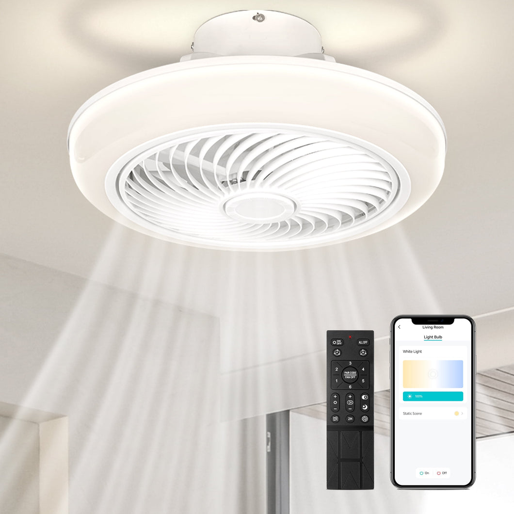 Uarter 20 in Ceiling Fan with Light, Bladeless Round Remote Control Low Profile Modern Fans, Dimmable Color Temperature and 6 Speeds, White