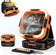 Load image into Gallery viewer, Uarter Solar Fan, 10000mAh Rechargeable Camping Fans with Light, 6 Speeds Wind, 6H Timer Auto Oscillating Portable Fan, for Picnic, Tent, Orange