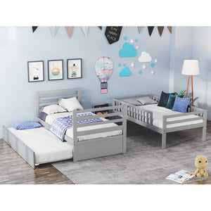 Bunk Bed for Kids: Trundle Bed Frame Twin Convertible Bunk Bed with Movable Trundle & BedSafety Rail, Convertible to 2 Beds and Full-Length Safety Guard Rail - Gray
