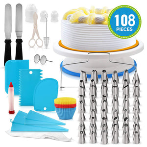 108pcs Cake Decorating Supplies Kit - 48 Piping Tips, 3 Cake Scrapers,12 cake cups - Piping Bags, Baking Supplies, Cupcake Decorating Kit, Icing Tips