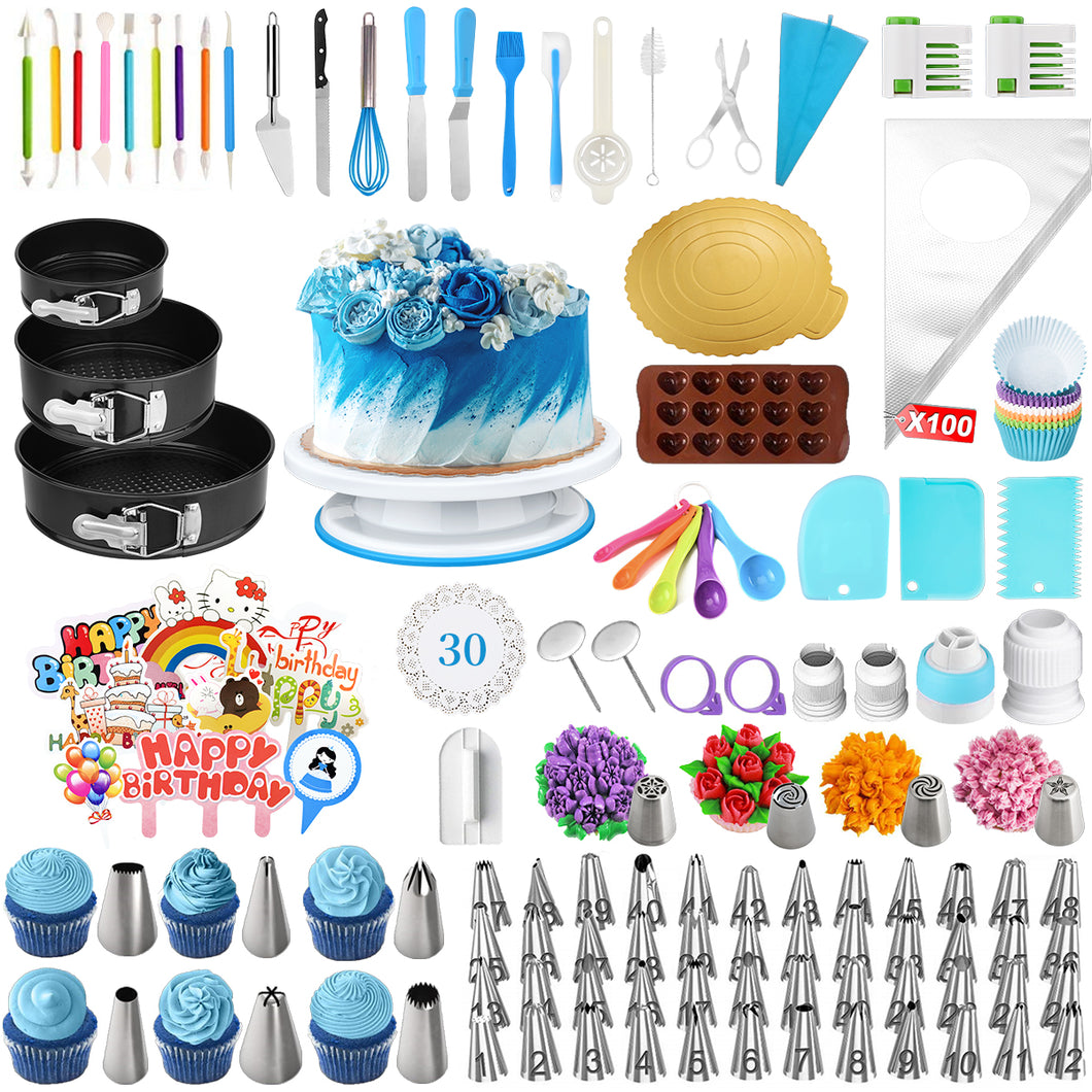 379 Pcs Cake Decorating Supplies Kit Cake Baking Set - 59 Piping Tips, 3 Scraper, 3 Silicone Baking Pans, 100 Baking Cups, 100 Piping Bags, Spatula, Leveler Cake Smoother and More