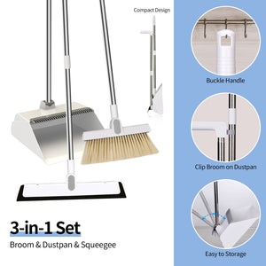 Broom and Dustpan Set - Dust Pan Broom Squeegee Foldable Standing Set with Dustpan Combo for Home Office