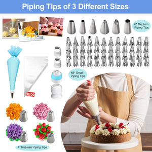 379 Pcs Cake Decorating Supplies Kit Cake Baking Set - 59 Piping Tips, 3 Scraper, 3 Silicone Baking Pans, 100 Baking Cups, 100 Piping Bags, Spatula, Leveler Cake Smoother and More