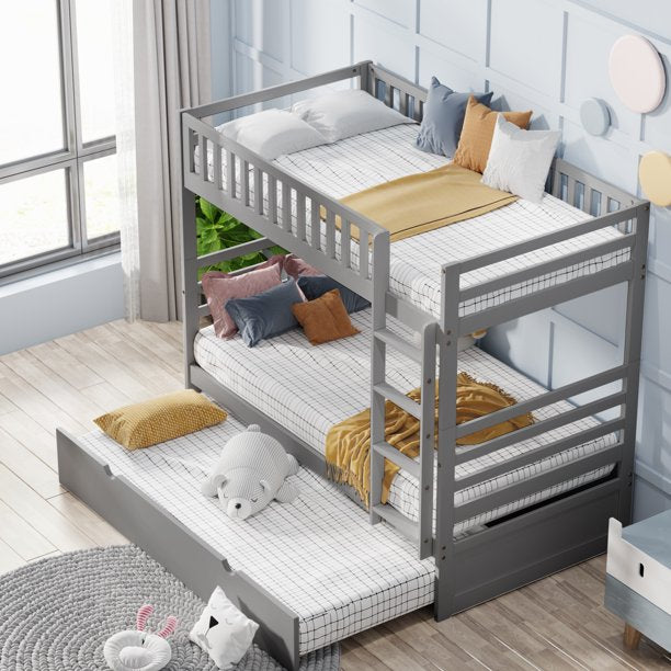 Bunk Bed for Kids: Trundle Bed Frame Twin Convertible Bunk Bed with Movable Trundle & BedSafety Rail, Convertible to 2 Beds and Full-Length Safety Guard Rail - Gray