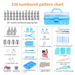 236 Pcs Cake Decorating Kit: Piping Bags & Tips Set with 42 Icing Tips/4 Russian Tips/Frosting Bags/Chocolate Bomb Mold - Cupcake Accessories Supplies Kit with Storage Tool box for Cookie Fondant